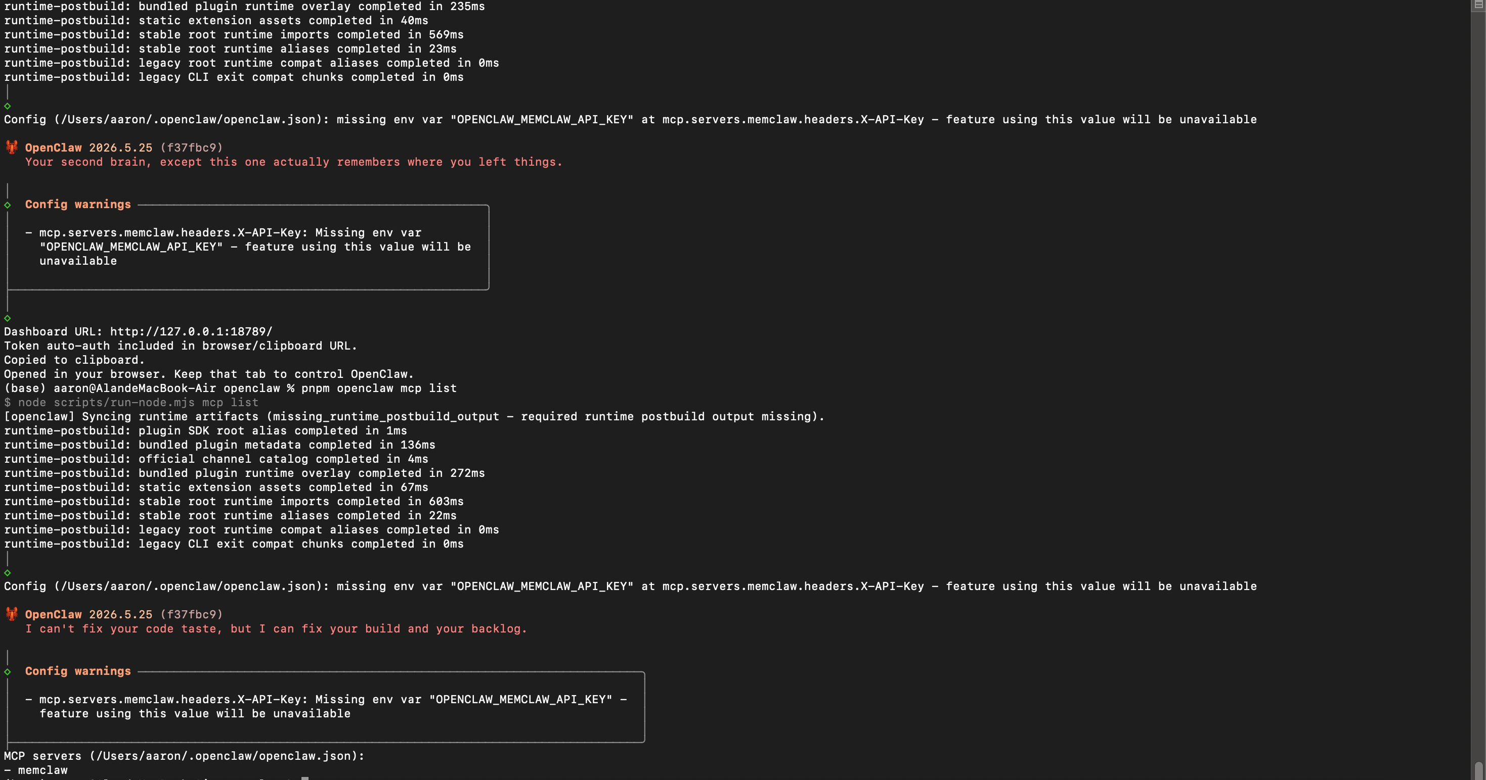 OpenClaw startup terminal showing MemClaw registered as an MCP server, alongside other tools.