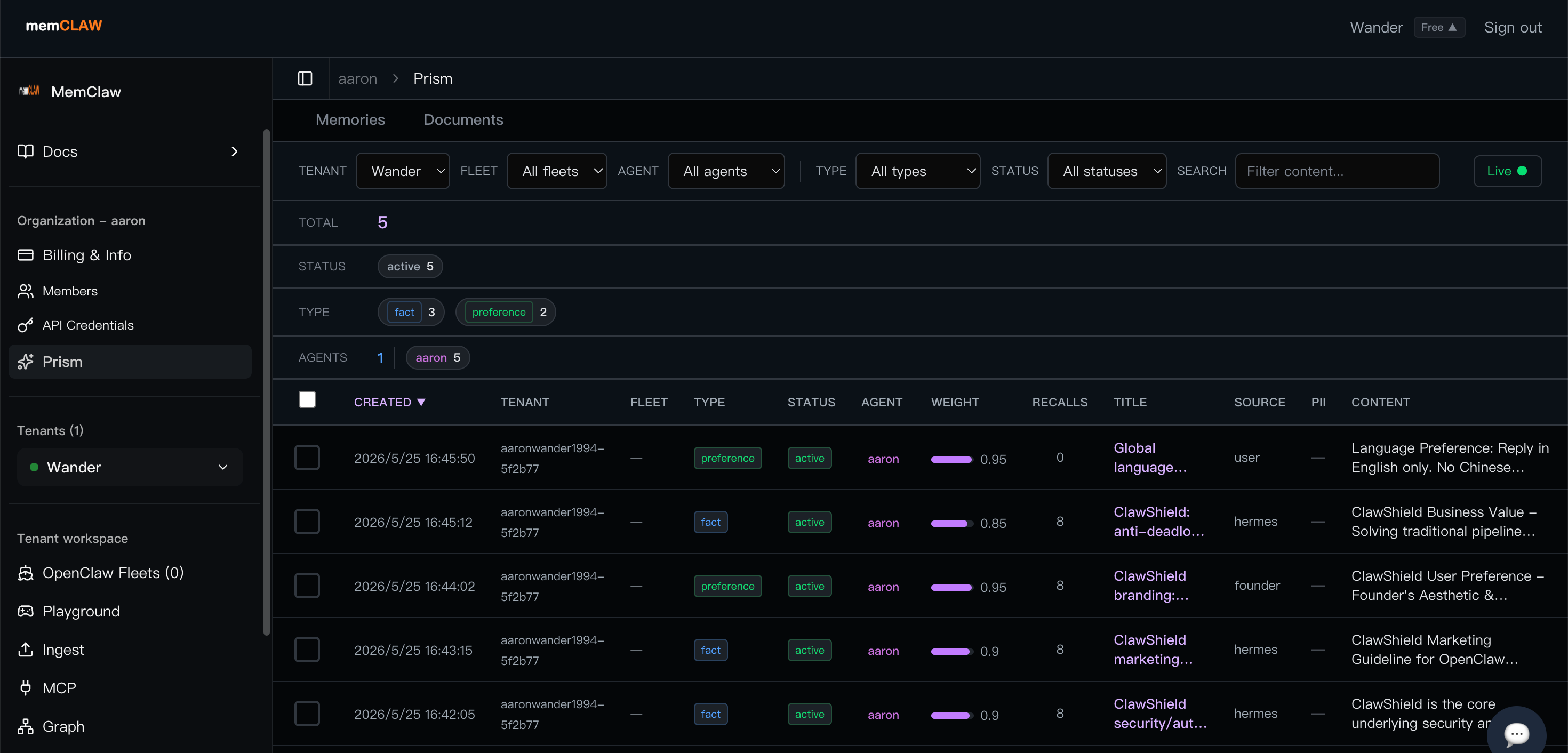 MemClaw Prism dashboard showing five ClawShield records with source, type, weight, and recall metadata.