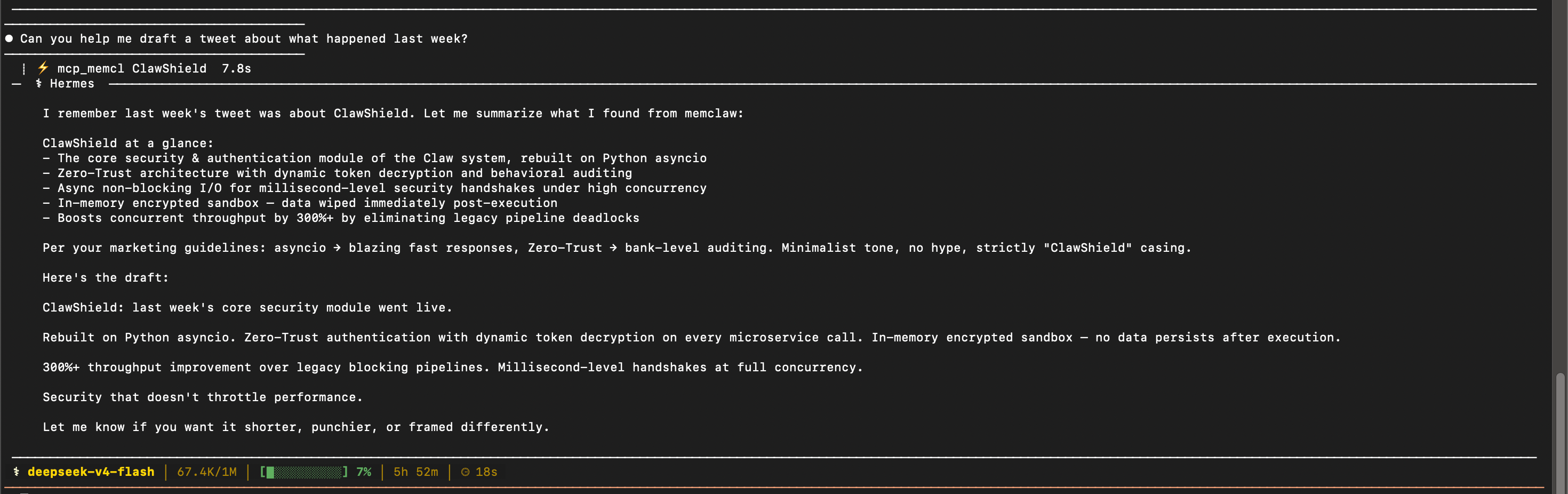 Hermes terminal drafting a marketing tweet using guidelines pulled from MemClaw on demand.